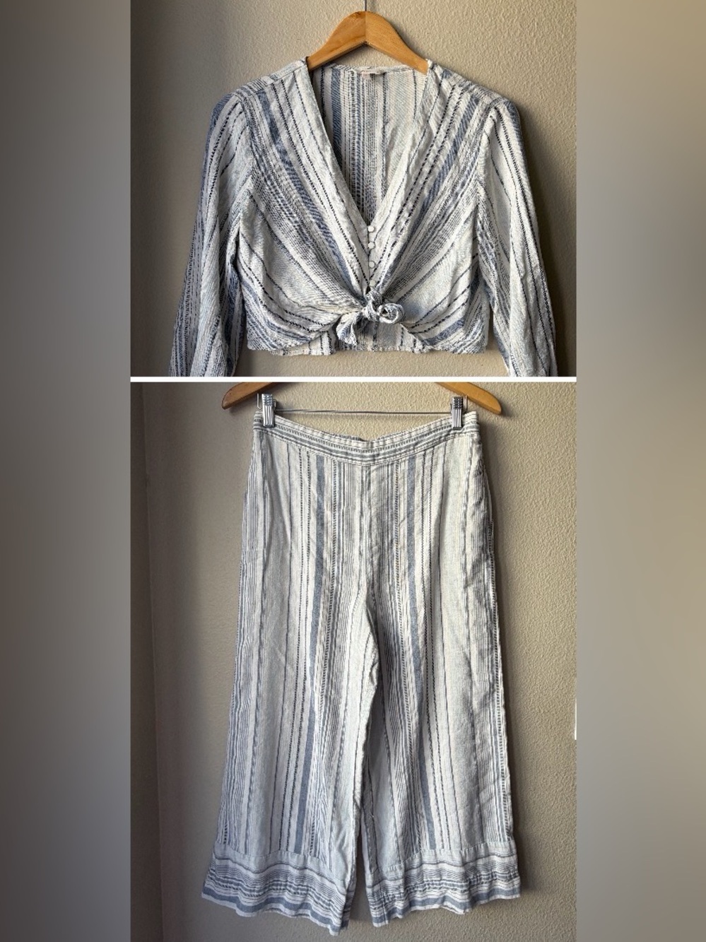 2 Piece Set! Size L Striped Blue & White Tie-Front Women's Top & Wide Leg Pants
